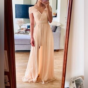 Elegant Off-Shoulder Blush Maxi Dress